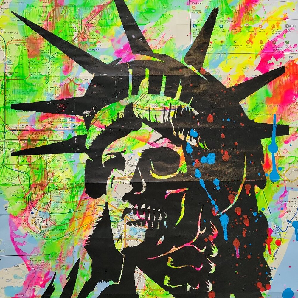 Handpainted Zombie Statue of Liberty Unique acrylic Artwork on a NYC Subway Map